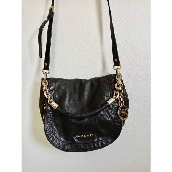 MICHAEL KORS Black Leather Messenger Bag Gold Charm Medallion Zip Fold Pockets - Picture 5 of 9